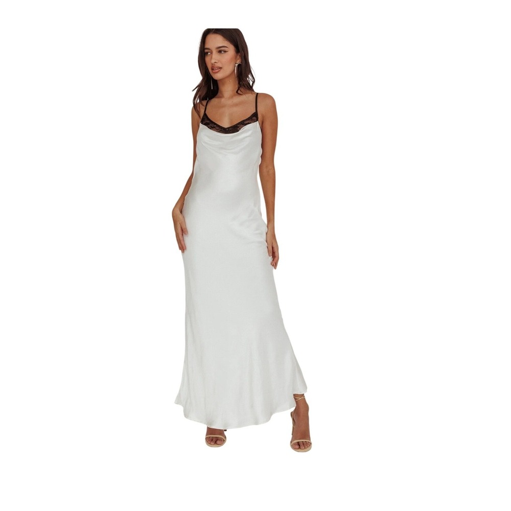 Saints & Secrets Womens White Satin Cowl Neck Lace Trim Open Back Maxi Dress S